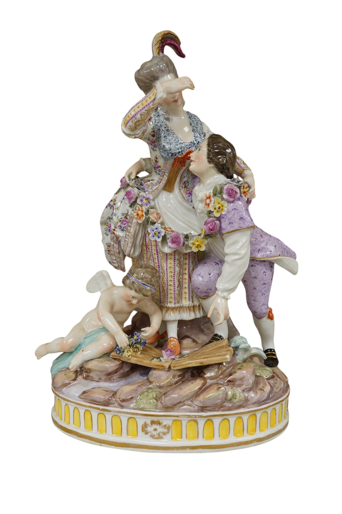 A late 19th century Meissen style group, The Broken Bridge, with cherubs, 24cm high